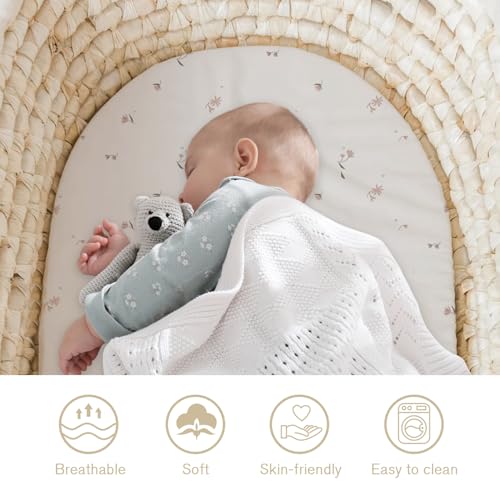 Image of Little Grape Land Bassinet Sheets for Baby Boys Girls 4 Pack, 33 inch x 18 inch Extra Soft Breathable Fitted Bassinet Sheets, Bedside Sheets Fit for Oval Rectangle and Hourglass Bassinet Mattress (Flower)