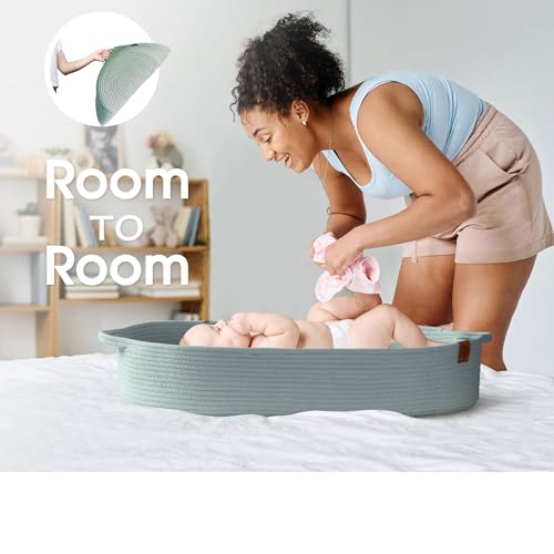 Baby Changing Basket Includes Diaper Caddy - Soft & Waterproof Dual-Cover, Portable, Changing Pad for Dresser & Changing Table, Gift for Baby Shower, Organic Cotton Rope