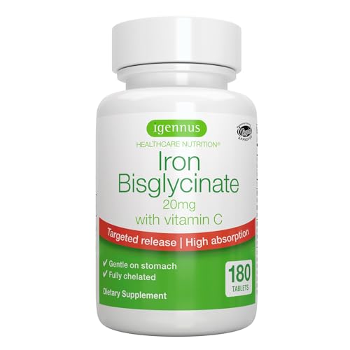 Igennus Clean Iron Bisglycinate 20mg, Vitamin C, 6 Month Supply, Gentle Chelated High Absorption Formula & Targeted Release Ferrous Bisglycinate for Women and Men, One Daily, Vegan, 180 Tablets