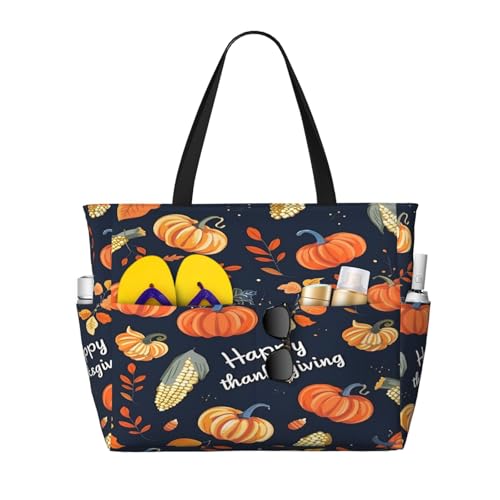Thanksgiving Pumpkin Beach Bags For Women, Large Waterproof Tote Bag Sandproof Pool Bag Handbag For Travel Work Gym