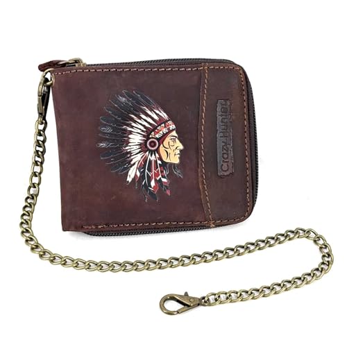 Retro Biker Genuine Leather Wallet American Indian Chief Head Zipper Card Holder Purse W/Chain Mens
