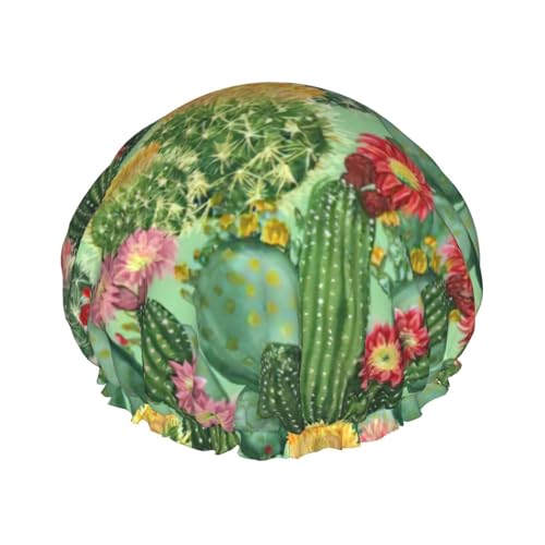 Cactus Floral Bloom Print Lightweight And Elasticated Waterproof Shower Cap, Double Layer Waterproof Hair Cap