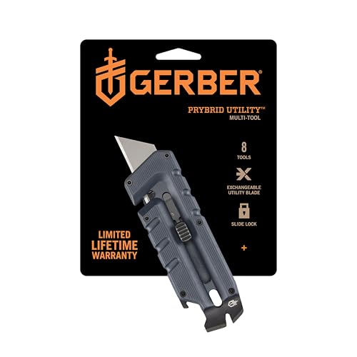 Gerber Gear Prybrid with Pocket Clip, Box Cutter Retractable Blade, Heavy Duty Utility Knife with Pry Bar, Bottle Opener, and Wire Stripper, Multi tool Pocket Knife, EDC Gear, Blue with Clip