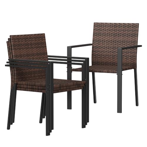 Image of Amopatio Stackable Wicker Chairs, Patio Dining Chairs Set of 4, All-Weather Breathable Outdoor Dining Chair, Steel Frame, Armchair w /Armrests, for Garden, Porch, Deck, Poolside, Fire Pit, Brown