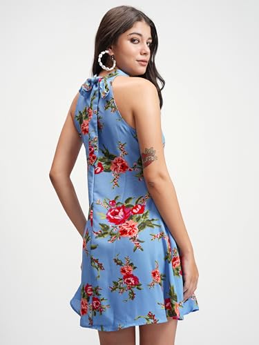 Image of Tokyo Talkies Women's Floral Mini Flared Dress | Halter Neck & Playful Silhouette | Chic & Effortlessly Feminine