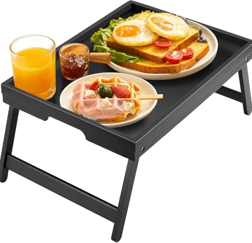 Image of Bamboo Bed Tray Table with Foldable Legs, Breakfast Tray for Sofa, Bed, Eating, Working, Used As Laptop Desk Snack Tray by Pipishell (Black)