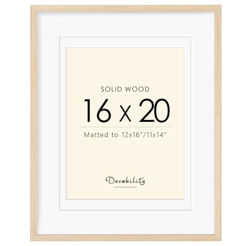 Decobility 16x20 Picture Frames Matted for 11x14 and 12x16 Picture Solid Wood with Oak Wood Grain Double Mats Photo Frame with Plexiglass Fits 3 sizes Tabletop or Wall Mounting Display Oak