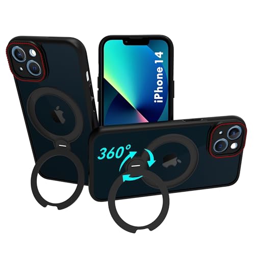 Image of RIGGEAR Shockproof Tough Hybrid Armor 360 Rotating Magnetic Ring Stand Back Cover Case Compatible with MagSafe Accessories for iPhone 14 (Smoke Black Matte PC and Black TPU Bumper)
