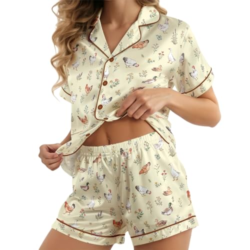 Image of HUNTFAMI Womens Soft Silky Satin Pajamas Set, 2 Pcs Sleep Short Pajamas for Mom and Grandma Button Down Summer Loungewear