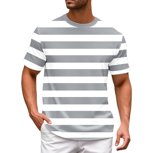 Camiseta de hombre con estampado de rayas – Camiseta de manga corta con diseño marino clásico y cuello redondo | Camiseta informal de verano para playa y ocio, Estilo#c04 Gris, M
