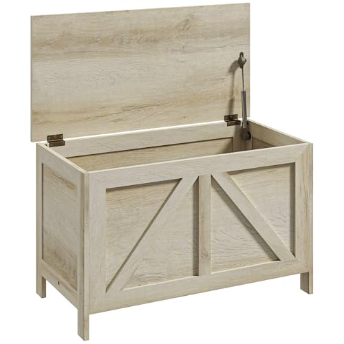 HOMCOM Coffre de rangement - couvercle relevable avec charnière de sécurité pour ouvrir à 100 °, coffre à jouet en bois pour couloir, chambre, salon - 76L x 39l x 48H cm bois naturel