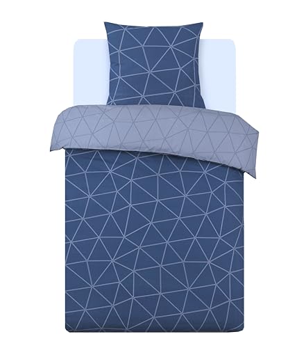 Vision - Parure de lit Réversible 100% Coton - Hugo Bleu - Set de Housse de Couette 140x200 cm avec 1 taie d'oreiller pour lit 1 Personne - Fibres Naturelles...