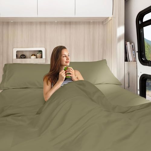 Image of Nestl Light Sage Short Queen Sheets for RV, Hotel Luxury RV Queen Sheets Set, 4 Piece Fitted Bed Sheet Set and Pillowcases, Super Soft, Wrinkle-Free, and Breathable Camper Bedding