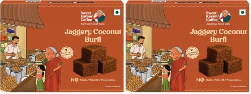 Image of Sweet Karam Coffee Jaggery Coconut Burfi Squares - 150grams | No Refined Sugar or Preservatives | Traditional South Indian Mithai | Made with Natural Jaggery & Coconut | Healthy & Homemade Treat