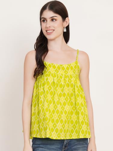Image of FABRIC FITOOR Women's Lime Green Color Geometric Print Cotton Fabric Crop Top