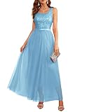 BeryLove Sequin Dress for Woman Long Prom Dress Vintage A Line Wedding Formal Swing Mesh Dress Sleeveless Cocktail Maxi Gowns 01 Blue 2XL