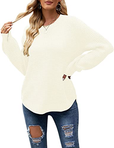 Image of MEROKEETY Women's Fall Long Sleeve Waffle Knit Oversized Sweater | Fall Fashion, Crew Neck, Tunic, Dressy Casual, Trendy, Cute, Pullover Tops, Long Lantern Sleeves, Loose Fit, Drop Shoulder