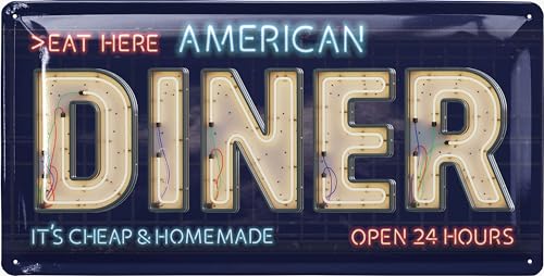 LANOLU Blechschilder retro - American DINER Deko in Neon Sign Leuchtreklame Optik - Geschenkidee USA Dekoration - vintage Metallschild mit Spruch - amerikanische Deko Küche, 17x34cm