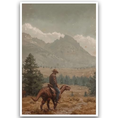 XASUBH Vintage Dinosaur Cowboy Wall Art Retro Jurassic Western Oil Painting Print Humorous Rodeo Dino Decor for Man Cave & Game Rooms Bars Unframed 16x24 Inch Perfect Birthday & Father's Day Decor