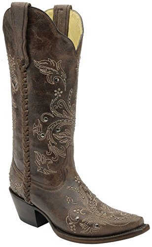Corral Women's Chocolate Floral Whip Stitch and Studs Snip Toe Cowboy Boots G1129 (8.5 B(M) US)