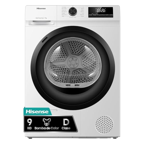 Hisense DHQE900UWDC - Secadora bomba de calor, capacidad 9 Kg, Clase D, secado rápido 30', finalización diferida, ancho 59,5cm, alto 84,5cm, fondo 55cm, color Blanco