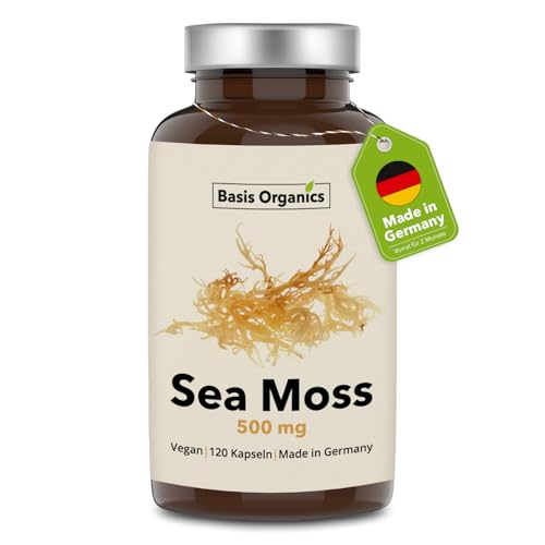 Sea Moss Kapseln 100% vollständig aus der Alge - Reines Naturprodukt kein Extrakt wild geerntet -120 Kapseln in Glas - Bis zu 4 Monate Vorrat - 1000mg pro Tag - Produziert & Laborgeprüft in DE