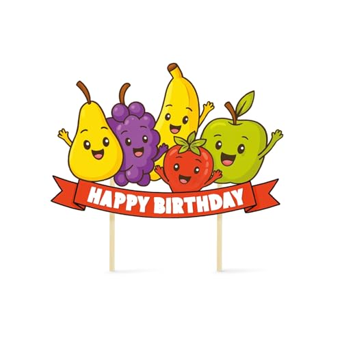 Image of Just Party Fruits Theme Happy Birthday Cake Topper & Birthday Props for Kids | Cake Toppers for Cake Decoration & Photo Props / Muffin Toppers | Set of 6 Props + 1 Topper
