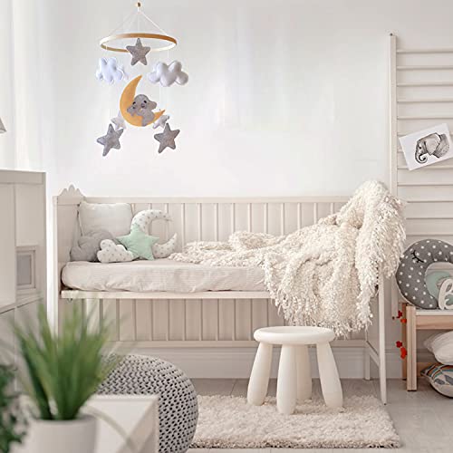 Vlokup Baby Crib Mobile, Neutral Felt Nursery Ceiling Decoration for Baby Boy & Girl, Baby Shower Gifts, Boho Elephant Moon Star Cloud, White & Grey