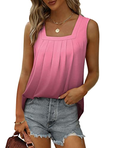 Image of Saloogoe Summer Tank Tops for Women Loose Fit Pleated Square Neck Sleeveless Tops Curved Hem Flowy