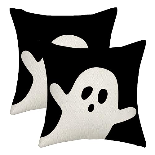 AGAYNA Halloween Pillow Covers 18x18 Black and White Ghost Decor Throw Pillows Case for Couch Halloween Indoor Outdoor Decorative Cushion Cases for Sofa Bed Decorations Set of 2