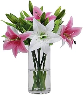 Olrla Mixed Artificial Lily Flowers 6 bouquets, Waterproof Faux Lily Flower for Home Office Bathroom Decoration, Flora Arrangement, Outdoor Graveside Flowers (Pink+White, 6)