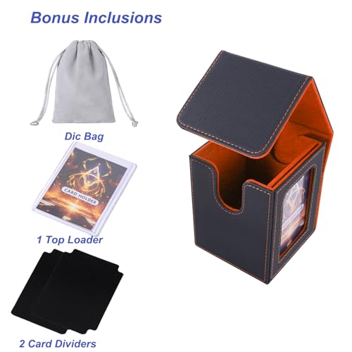 Image of AFIING MTG Deck Box for Commander Display,Card Deck Case Fits 100 Double Sleeved Cards, Magic Commander TCG Card Storage Box with 2 Dividers,Dice Bag and 1 Toploader(Black /Orange)