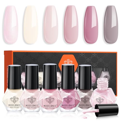 Modelones Nail Polish Set 6 Colors Milky White Pink Grey Nude Quick Dry Nail Varnish Manicure DIY Nail Art Salon Home For Women
