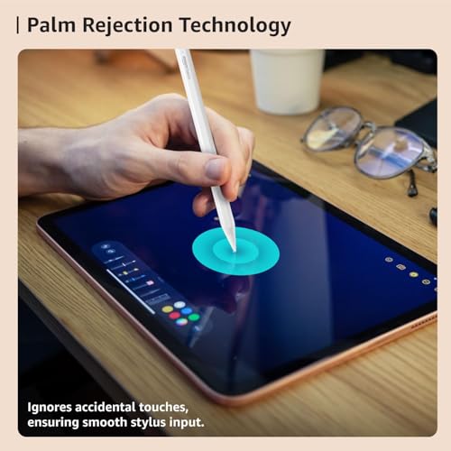 Image of Amazon Basics Stylus Pencil Only for iPad Models (2018-2024) with Angle Tilt Sensitivity, Palm Rejection, Up to 9 Hrs Playtime, Magnetic Attachment, Battery LED Indicator, 4 Lights (White)