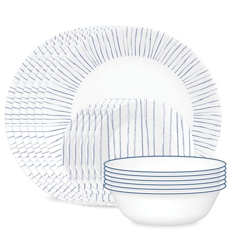 Image of Corelle 18-Piece Dinnerware Set Service for 6, Lightweight Round Plates and Bowls Set, Vitrelle Triple Layer Glass, Chip Resistant, Microwave and Dishwasher Safe, Nautical Stripes