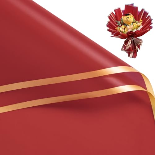 WRAPAHOLIC 20 Sheets Flower Wrapping Paper - 22.4 x 22.4 inch Gold Trim Red Water-Resistant Floral Bouquet Wrapping Paper, Florist Supplies Packaging Paper for Wedding Birthday Gift DIY