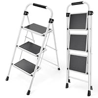 KINGRACK 3 Step Folding Ladder With Non-Slip Wide Pedal, Handle, Sturdy Steel Construction - Lightweight and Portable, White