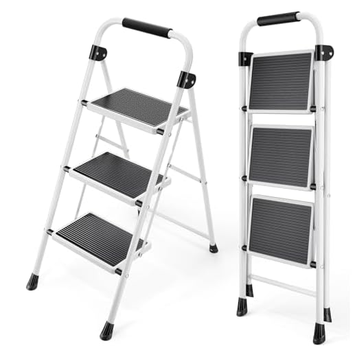 KINGRACK Trapladder 3 Treden met Leuning, Draagbare Vouwladder Vouwtrap met Antislip Voeten en Breed Trapje, Lichte Opstapkruk Inklapbaar Stabiel Huishoudtrap voor Thuis Keuken Kantoor, Wit