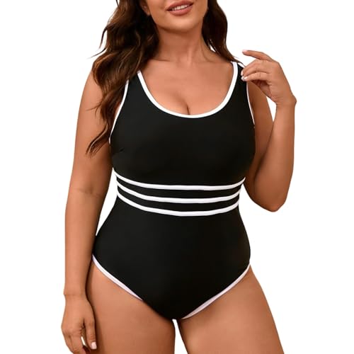 Bañador negro con rayas blancas para tallas grandes y traje de baño moldeador de playa