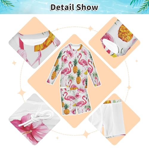 Flamingo Tropical Flowers Boys Swimsuit Rash Guard Toddler Kids Long Sleeve Swim Shirt and Trunks Swimwear Set 3-10Y3