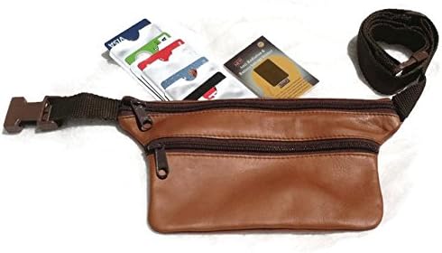 Top Grain, Brown Color, Cowhide Leather Fanny Pack Money Belt Passport Carrier Zip Pouch Travel Bag Currency Carrier Emergency Preparedness Item *Plus* 5 Rfid Block Credit Card/debit Card Shield Protector Sleeve Cases **Plus** One Anti-radiation & Battery Salvage Sticker 24k Plated for Cell Phone