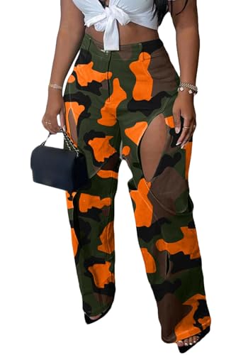 YOOTIKO Womens Camo Cargo Pants High Waisted Army Fatigue Straight Leg Camouflage Trouser Streetwear