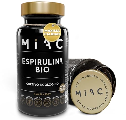 MIAC Espirulina 2400 mg por dosis diaria - 200 Cápsulas - Suplemento Nutricional Energía y Saciante - 100% BIO - Vitaminas y Minerales - Vegano - Sin Gluten