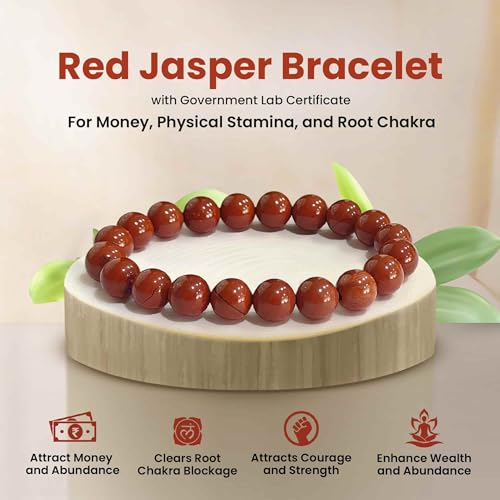 SOLAVA Original Red Jasper Bracelet with Lab Certificate for Men and Women - Natural Energised Red Bracelet for Money, Balance Root Chakra, Reiki Healing and Good Luck - 8MM Beads, Stone, Jasper
