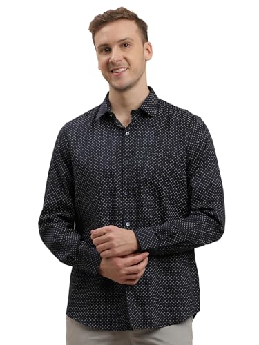 Image of Turtle Men Cotton Tencel Slim Fit Printed Navy Formal Shirt