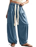 Springrain Women's Baggy Wide Leg Pants Casual Drawstring Harem Pants Bohemian Trousers with Big Pockets(Dustyblue-XL)