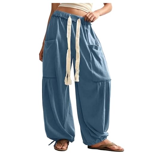 Springrain Women's Baggy Wide Leg Pants Casual Drawstring Harem Pants Bohemian Trousers with Big Pockets(Dustyblue-XL)