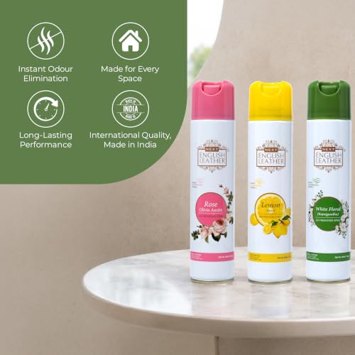 Image of Next Care English Leather Air Freshener Spray 220ml Each | Long Lasting Room Freshener for Home, Office & Car | Odour Eliminator (White Floral, Rose & Lemon)