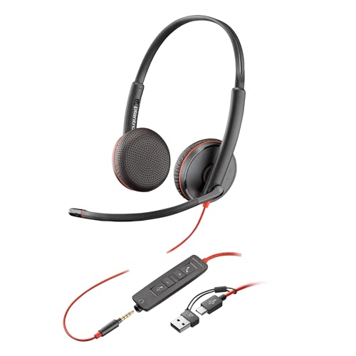 Poly Blackwire 3225 Wired Headset - Noise-Canceling Mic – Stereo Design - Connect to PC/Mac/Mobile via USB-C, USB-A, or 3.5mm - Works w/Teams, Zoom