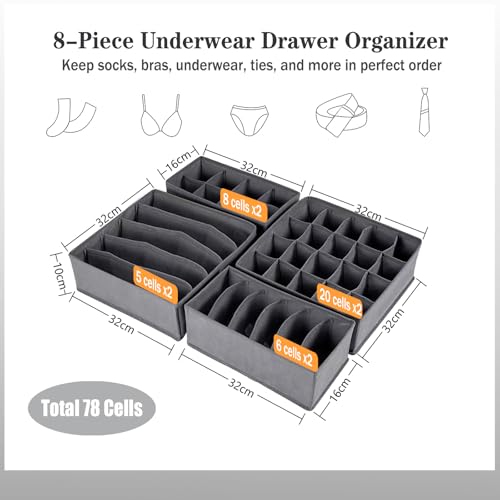 Miniatura 3 de Yucch Set De 8 Organizadores De Ropa Interior, Separadores De Cajones De Tela Plegable Para Sujetadores, Bragas, Calcetines Y Corbatas, Gris Oscuro